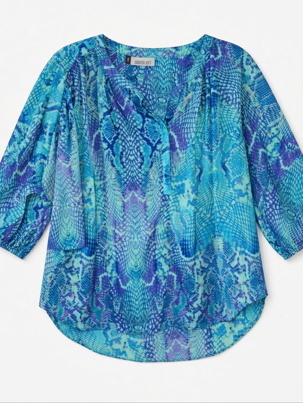 Jennifer Lopez Teal & Blue Snake-Print Dolman Sleeves V-Neck Blouse